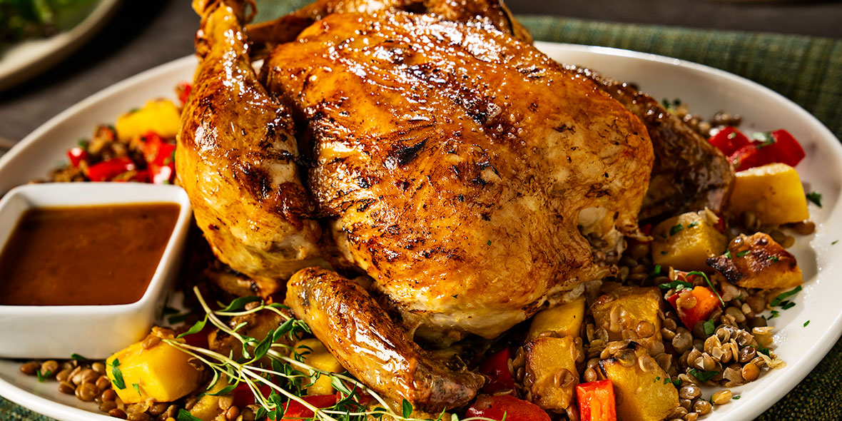 Roast Chicken with Brown Lentil and Winter Squash Stuffing | Chicken.ca